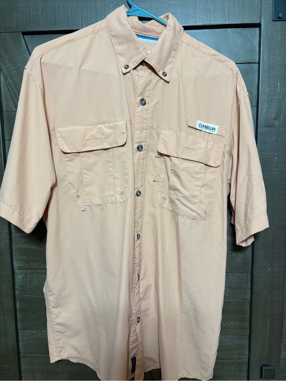 Magellan Outdoors Men's Button-Down Short Sleeve Shirt in Peach